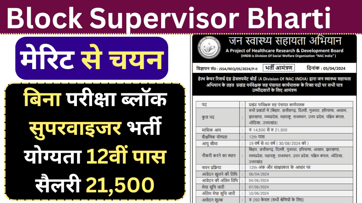 Block Supervisor Bharti 100% Efficiency : बिना परीक्षा ब्लॉक सुपरवाइजर भर्ती योग्यता 12वीं पास सैलरी 21500,मेरिट से चयन